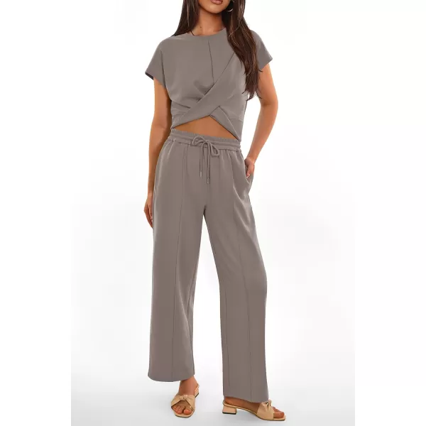 imagePRETTYGARDEN Womens Summer Two Piece Outfits Tracksuit Twist Front Crop Tops T Shirts Wide Leg Pants Matching Lounge SetsGrey