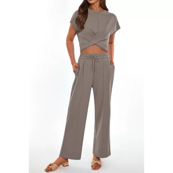 imagePRETTYGARDEN Womens Summer Two Piece Outfits Tracksuit Twist Front Crop Tops T Shirts Wide Leg Pants Matching Lounge SetsGrey