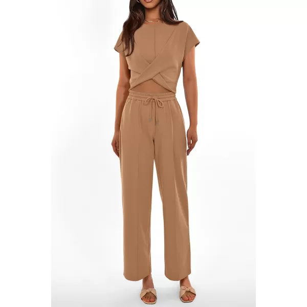 imagePRETTYGARDEN Womens Summer Two Piece Outfits Tracksuit Twist Front Crop Tops T Shirts Wide Leg Pants Matching Lounge SetsKhaki
