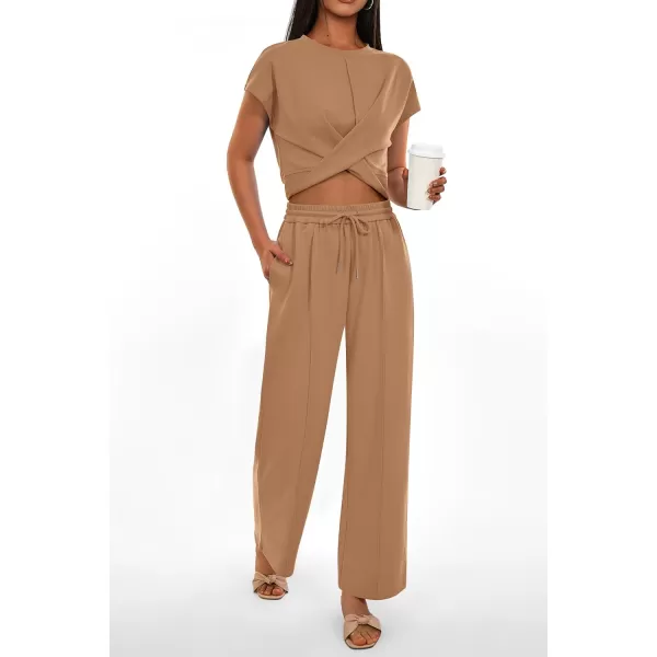 imagePRETTYGARDEN Womens Summer Two Piece Outfits Tracksuit Twist Front Crop Tops T Shirts Wide Leg Pants Matching Lounge SetsKhaki
