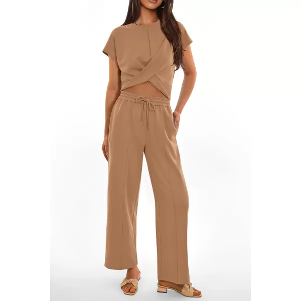 imagePRETTYGARDEN Womens Summer Two Piece Outfits Tracksuit Twist Front Crop Tops T Shirts Wide Leg Pants Matching Lounge SetsKhaki