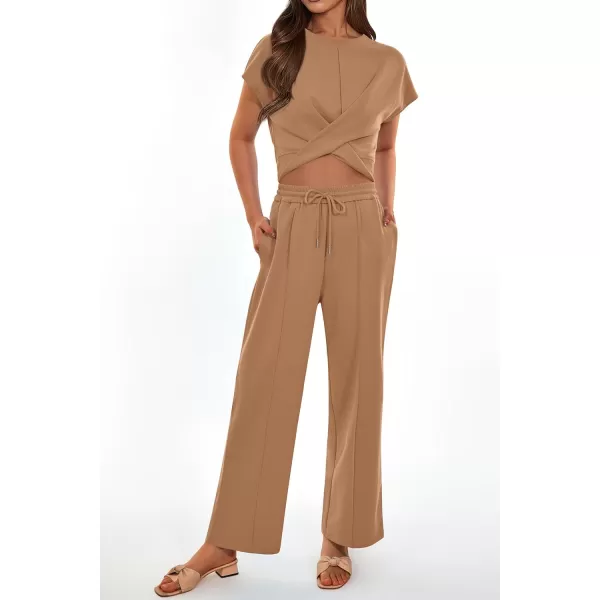 imagePRETTYGARDEN Womens Summer Two Piece Outfits Tracksuit Twist Front Crop Tops T Shirts Wide Leg Pants Matching Lounge SetsKhaki