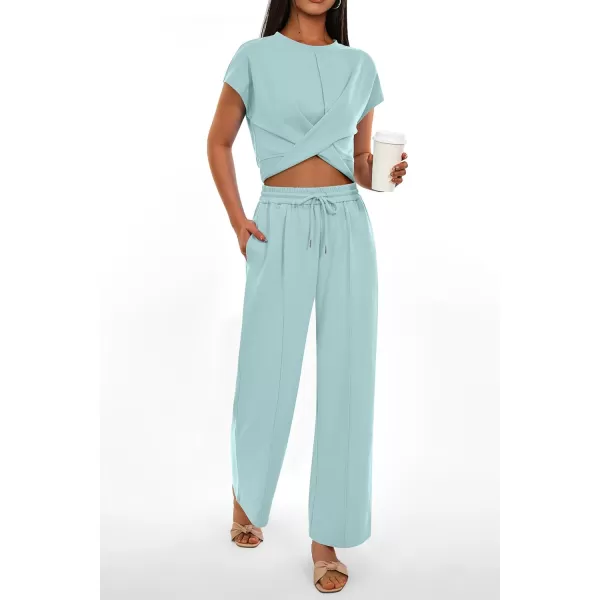 imagePRETTYGARDEN Womens Summer Two Piece Outfits Tracksuit Twist Front Crop Tops T Shirts Wide Leg Pants Matching Lounge SetsLight Blue