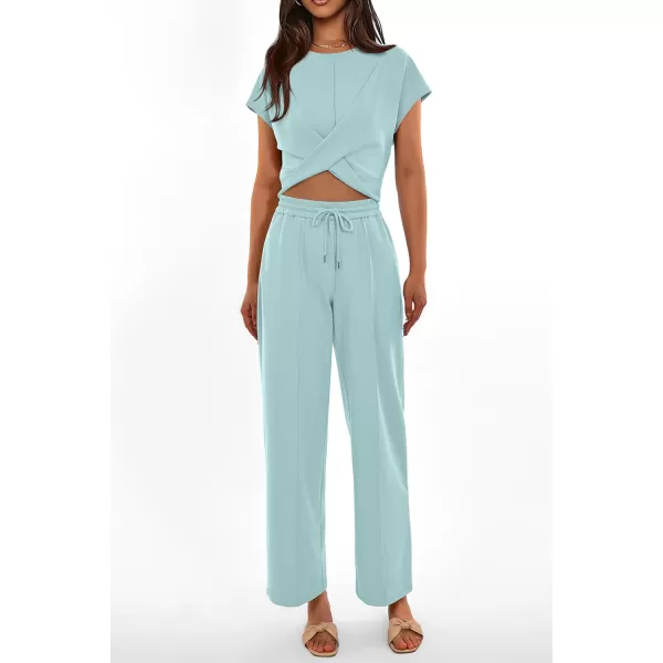 imagePRETTYGARDEN Womens Summer Two Piece Outfits Tracksuit Twist Front Crop Tops T Shirts Wide Leg Pants Matching Lounge SetsLight Blue