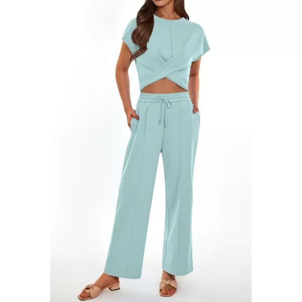 imagePRETTYGARDEN Womens Summer Two Piece Outfits Tracksuit Twist Front Crop Tops T Shirts Wide Leg Pants Matching Lounge SetsLight Blue