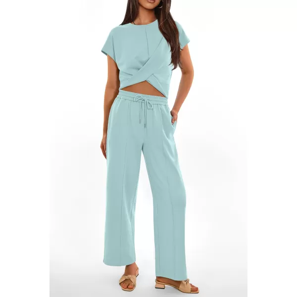 imagePRETTYGARDEN Womens Summer Two Piece Outfits Tracksuit Twist Front Crop Tops T Shirts Wide Leg Pants Matching Lounge SetsLight Blue