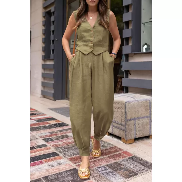imagePRETTYGARDEN Womens Summer Two Piece Outfits V Neck Button Front Cropped Tank Tops Vest Pockets Pants Cotton Matching SetsArmy Green