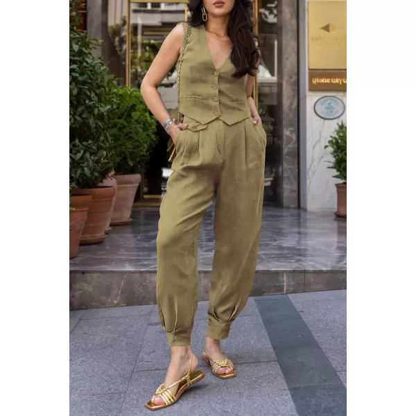 imagePRETTYGARDEN Womens Summer Two Piece Outfits V Neck Button Front Cropped Tank Tops Vest Pockets Pants Cotton Matching SetsArmy Green