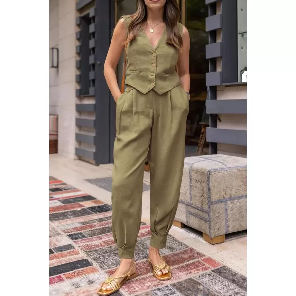 imagePRETTYGARDEN Womens Summer Two Piece Outfits V Neck Button Front Cropped Tank Tops Vest Pockets Pants Cotton Matching SetsArmy Green