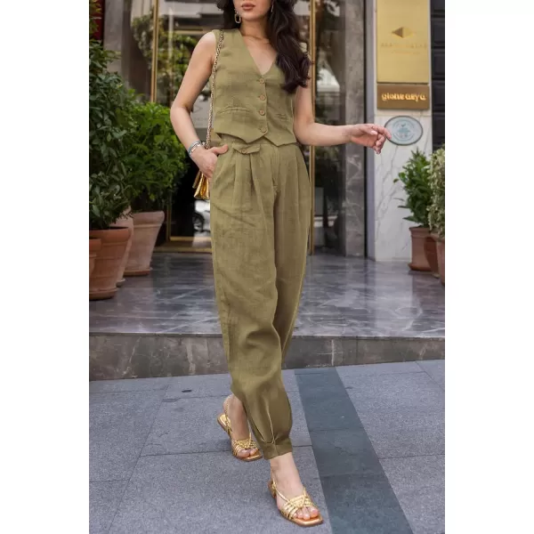 imagePRETTYGARDEN Womens Summer Two Piece Outfits V Neck Button Front Cropped Tank Tops Vest Pockets Pants Cotton Matching SetsArmy Green