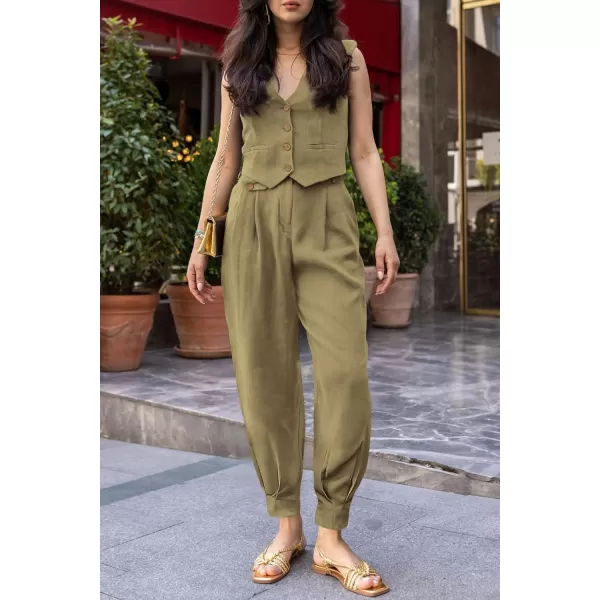 imagePRETTYGARDEN Womens Summer Two Piece Outfits V Neck Button Front Cropped Tank Tops Vest Pockets Pants Cotton Matching SetsArmy Green