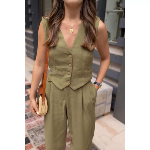 imagePRETTYGARDEN Womens Summer Two Piece Outfits V Neck Button Front Cropped Tank Tops Vest Pockets Pants Cotton Matching SetsArmy Green