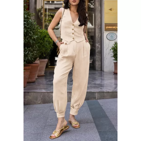 imagePRETTYGARDEN Womens Summer Two Piece Outfits V Neck Button Front Cropped Tank Tops Vest Pockets Pants Cotton Matching SetsBeige
