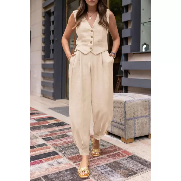 imagePRETTYGARDEN Womens Summer Two Piece Outfits V Neck Button Front Cropped Tank Tops Vest Pockets Pants Cotton Matching SetsBeige