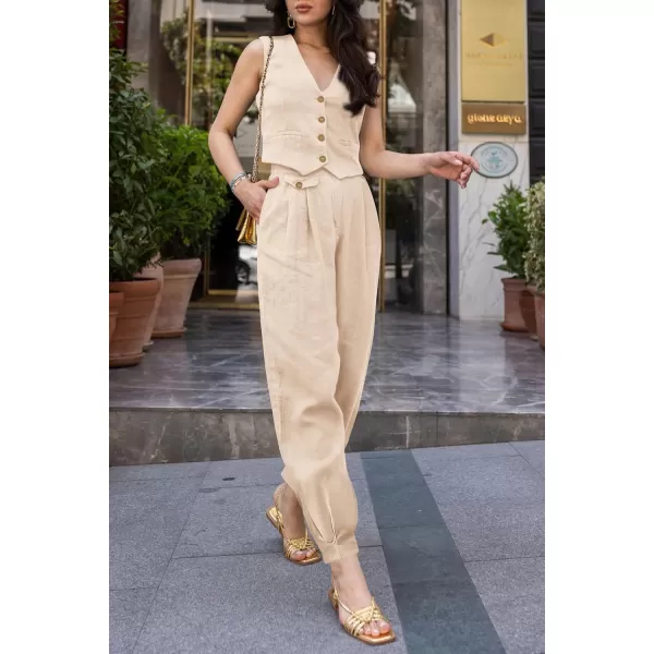 imagePRETTYGARDEN Womens Summer Two Piece Outfits V Neck Button Front Cropped Tank Tops Vest Pockets Pants Cotton Matching SetsBeige