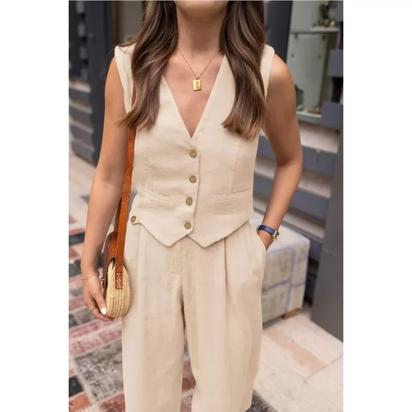 imagePRETTYGARDEN Womens Summer Two Piece Outfits V Neck Button Front Cropped Tank Tops Vest Pockets Pants Cotton Matching SetsBeige
