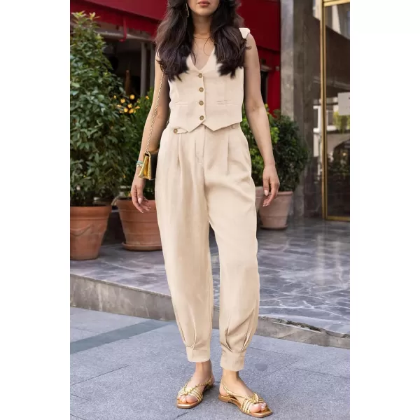 imagePRETTYGARDEN Womens Summer Two Piece Outfits V Neck Button Front Cropped Tank Tops Vest Pockets Pants Cotton Matching SetsBeige