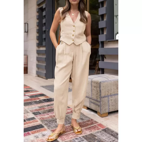 imagePRETTYGARDEN Womens Summer Two Piece Outfits V Neck Button Front Cropped Tank Tops Vest Pockets Pants Cotton Matching SetsBeige