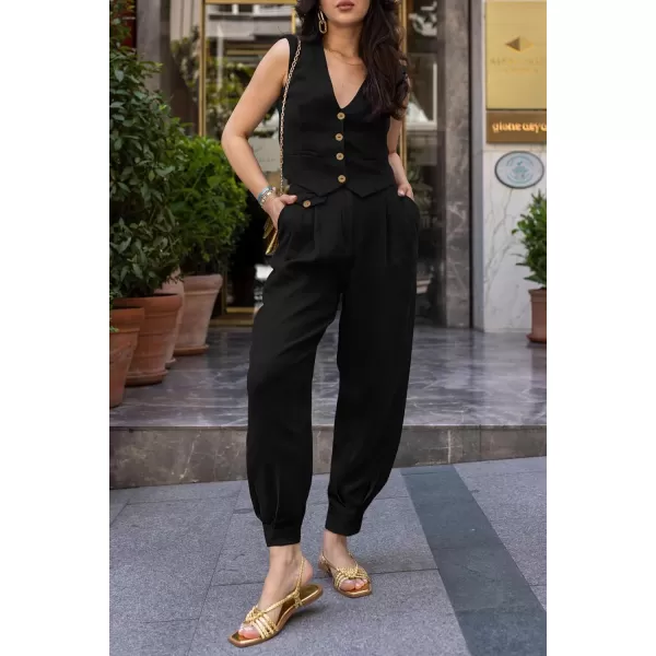 imagePRETTYGARDEN Womens Summer Two Piece Outfits V Neck Button Front Cropped Tank Tops Vest Pockets Pants Cotton Matching SetsBlack