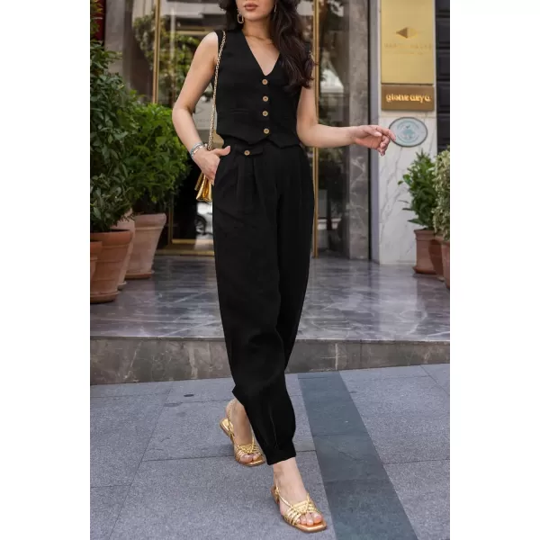 imagePRETTYGARDEN Womens Summer Two Piece Outfits V Neck Button Front Cropped Tank Tops Vest Pockets Pants Cotton Matching SetsBlack