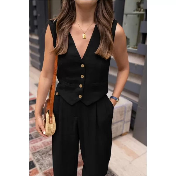 imagePRETTYGARDEN Womens Summer Two Piece Outfits V Neck Button Front Cropped Tank Tops Vest Pockets Pants Cotton Matching SetsBlack