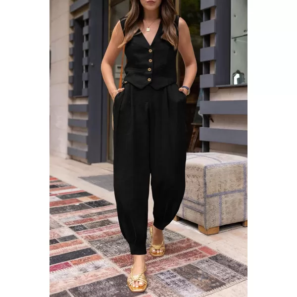 imagePRETTYGARDEN Womens Summer Two Piece Outfits V Neck Button Front Cropped Tank Tops Vest Pockets Pants Cotton Matching SetsBlack