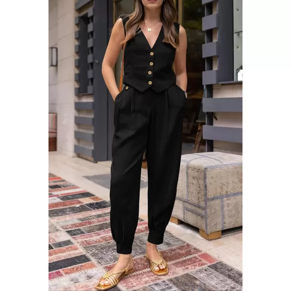 imagePRETTYGARDEN Womens Summer Two Piece Outfits V Neck Button Front Cropped Tank Tops Vest Pockets Pants Cotton Matching SetsBlack