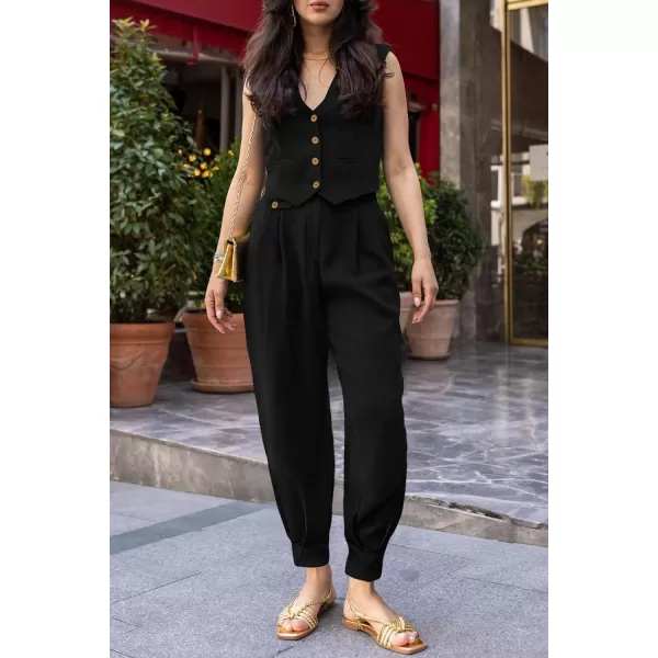 imagePRETTYGARDEN Womens Summer Two Piece Outfits V Neck Button Front Cropped Tank Tops Vest Pockets Pants Cotton Matching SetsBlack