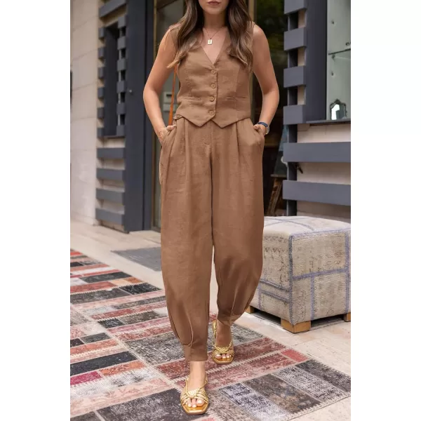 imagePRETTYGARDEN Womens Summer Two Piece Outfits V Neck Button Front Cropped Tank Tops Vest Pockets Pants Cotton Matching SetsBrown