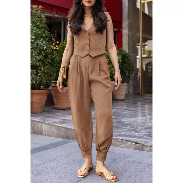 imagePRETTYGARDEN Womens Summer Two Piece Outfits V Neck Button Front Cropped Tank Tops Vest Pockets Pants Cotton Matching SetsBrown