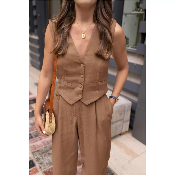 imagePRETTYGARDEN Womens Summer Two Piece Outfits V Neck Button Front Cropped Tank Tops Vest Pockets Pants Cotton Matching SetsBrown