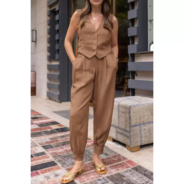 imagePRETTYGARDEN Womens Summer Two Piece Outfits V Neck Button Front Cropped Tank Tops Vest Pockets Pants Cotton Matching SetsBrown
