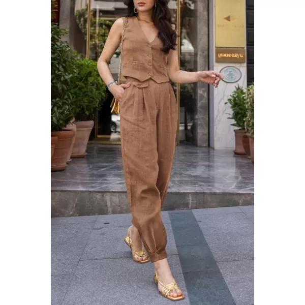 imagePRETTYGARDEN Womens Summer Two Piece Outfits V Neck Button Front Cropped Tank Tops Vest Pockets Pants Cotton Matching SetsBrown