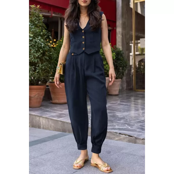 imagePRETTYGARDEN Womens Summer Two Piece Outfits V Neck Button Front Cropped Tank Tops Vest Pockets Pants Cotton Matching SetsDark Blue