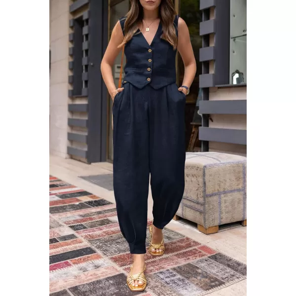 imagePRETTYGARDEN Womens Summer Two Piece Outfits V Neck Button Front Cropped Tank Tops Vest Pockets Pants Cotton Matching SetsDark Blue