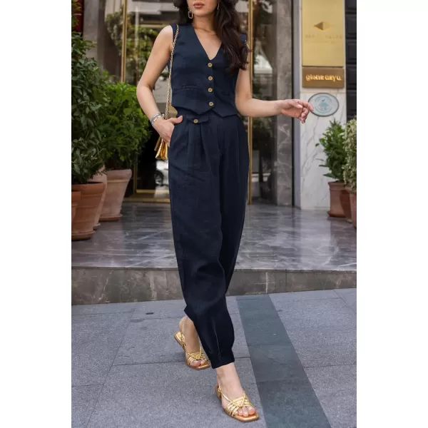 imagePRETTYGARDEN Womens Summer Two Piece Outfits V Neck Button Front Cropped Tank Tops Vest Pockets Pants Cotton Matching SetsDark Blue