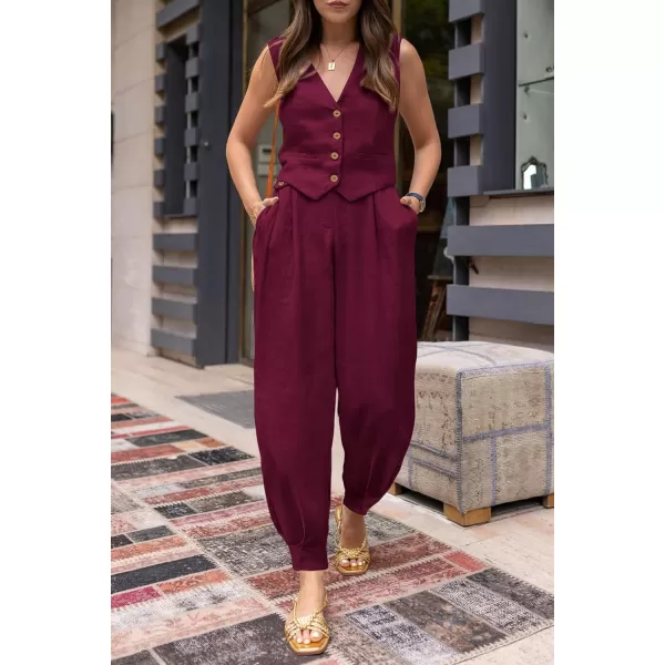 imagePRETTYGARDEN Womens Summer Two Piece Outfits V Neck Button Front Cropped Tank Tops Vest Pockets Pants Cotton Matching SetsDark Red