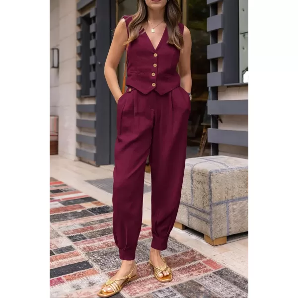 imagePRETTYGARDEN Womens Summer Two Piece Outfits V Neck Button Front Cropped Tank Tops Vest Pockets Pants Cotton Matching SetsDark Red