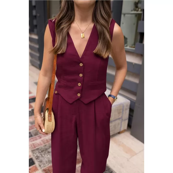 imagePRETTYGARDEN Womens Summer Two Piece Outfits V Neck Button Front Cropped Tank Tops Vest Pockets Pants Cotton Matching SetsDark Red