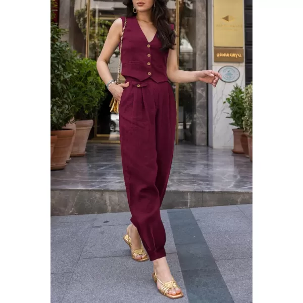 imagePRETTYGARDEN Womens Summer Two Piece Outfits V Neck Button Front Cropped Tank Tops Vest Pockets Pants Cotton Matching SetsDark Red