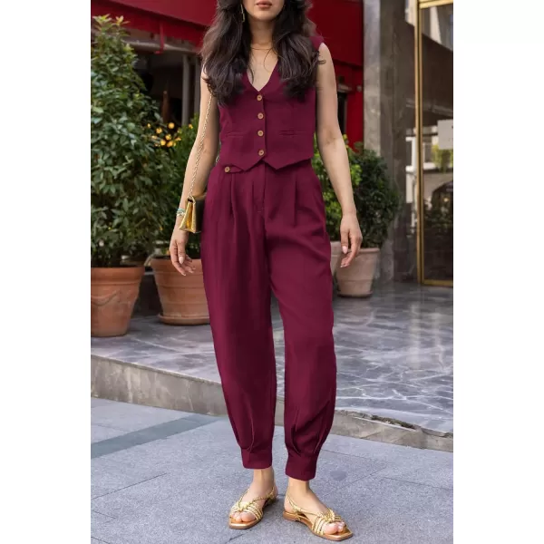 imagePRETTYGARDEN Womens Summer Two Piece Outfits V Neck Button Front Cropped Tank Tops Vest Pockets Pants Cotton Matching SetsDark Red