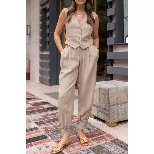 imagePRETTYGARDEN Womens Summer Two Piece Outfits V Neck Button Front Cropped Tank Tops Vest Pockets Pants Cotton Matching SetsKhaki