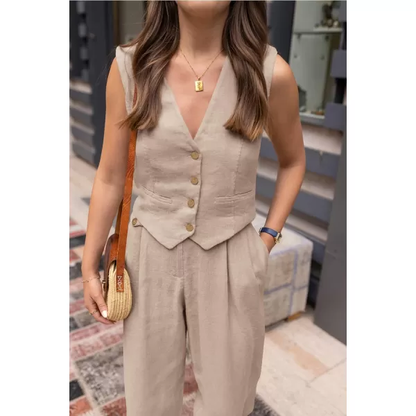 imagePRETTYGARDEN Womens Summer Two Piece Outfits V Neck Button Front Cropped Tank Tops Vest Pockets Pants Cotton Matching SetsKhaki