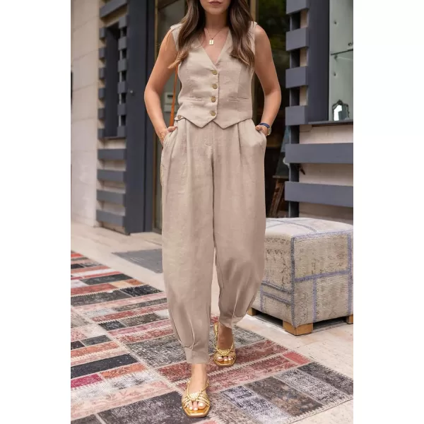 imagePRETTYGARDEN Womens Summer Two Piece Outfits V Neck Button Front Cropped Tank Tops Vest Pockets Pants Cotton Matching SetsKhaki