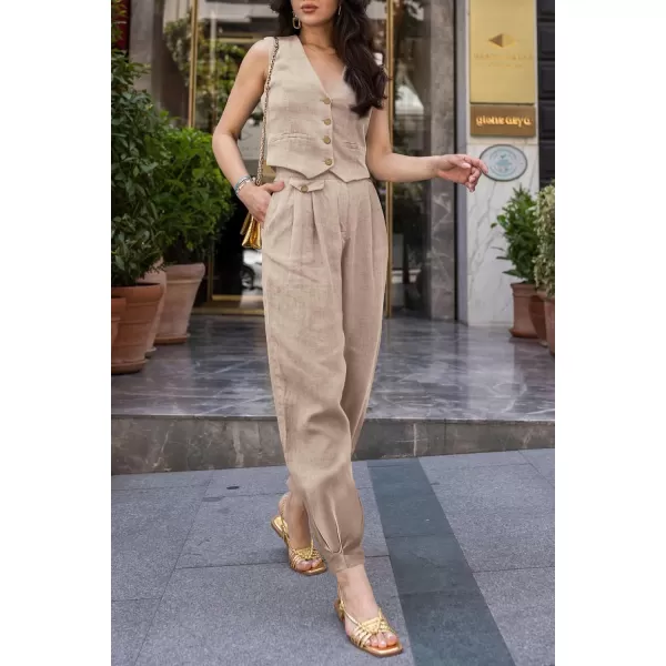 imagePRETTYGARDEN Womens Summer Two Piece Outfits V Neck Button Front Cropped Tank Tops Vest Pockets Pants Cotton Matching SetsKhaki