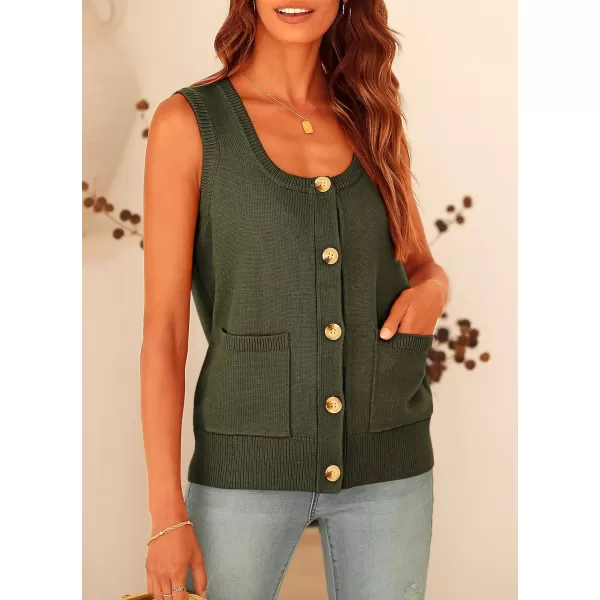 imagePRETTYGARDEN Womens Summer Vests Sleeveless Button Down Knitted Tank Tops Casual Y2K Sweater Vest Blouse with PocketsArmy Green