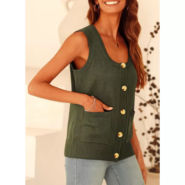 imagePRETTYGARDEN Womens Summer Vests Sleeveless Button Down Knitted Tank Tops Casual Y2K Sweater Vest Blouse with PocketsArmy Green