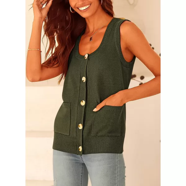 imagePRETTYGARDEN Womens Summer Vests Sleeveless Button Down Knitted Tank Tops Casual Y2K Sweater Vest Blouse with PocketsArmy Green