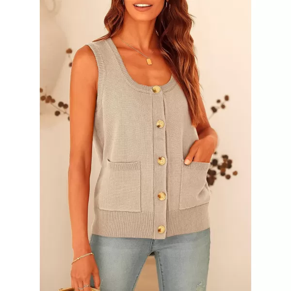 imagePRETTYGARDEN Womens Summer Vests Sleeveless Button Down Knitted Tank Tops Casual Y2K Sweater Vest Blouse with PocketsBeige