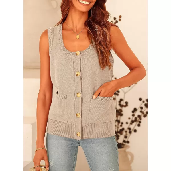 imagePRETTYGARDEN Womens Summer Vests Sleeveless Button Down Knitted Tank Tops Casual Y2K Sweater Vest Blouse with PocketsBeige